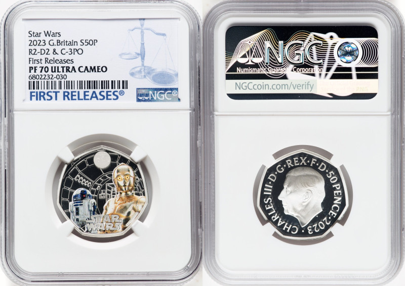 Charles III silver Colorized Proof "R2-D2 & C-3PO" 50 Pence 2023 PR70 Ultra Came...