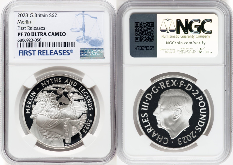 Charles III silver Proof "Merlin" 2 Pounds (1 oz) 2023 PR70 Ultra Cameo NGC, Min...