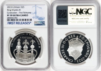 Charles III silver Proof "Coronation Regalia - King Charles III Coronation" 5 Pounds 2023 PR70 Ultra Cameo NGC, Mintage: 16,860. Edge Inscription: GOD...