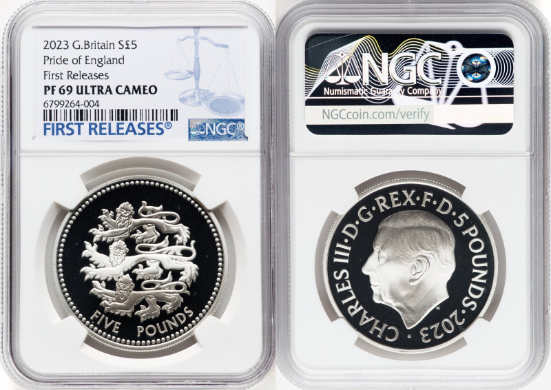 Charles III silver Proof "Pride of England" 5 Pounds 2023 PR69 Ultra Cameo NGC, ...