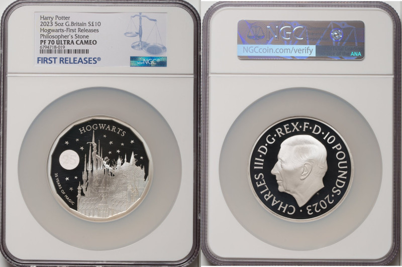 Charles III silver Proof "Hogwarts" 10 Pounds (5 oz) 2023 PR70 Ultra Cameo NGC, ...