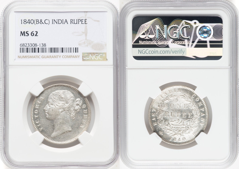 British India. Victoria Rupee 1840-(b & c) MS62 NGC, Bombay & Calcutta mint, KM4...