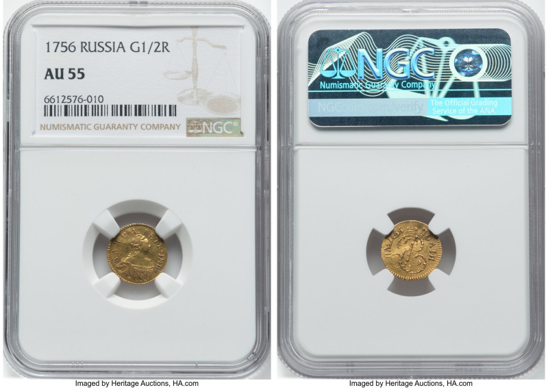 Elizabeth gold Poltina (1/2 Rouble) 1756 AU55 NGC, Red mint, KM-C21.1, Fr-118. H...