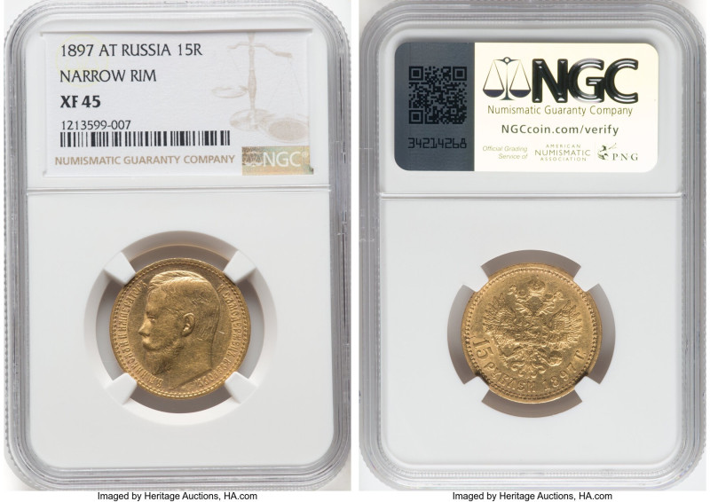 Nicholas II gold "Narrow Rim" 15 Roubles 1897-AΓ XF45 NGC, St. Petersburg mint, ...