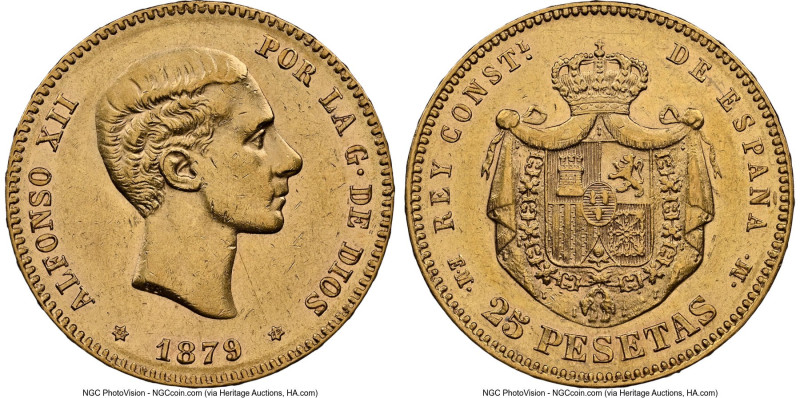 Alfonso XII gold 25 Pesetas 1879(79) EM-M AU58 NGC, Madrid mint, KM673, Cal-9. H...