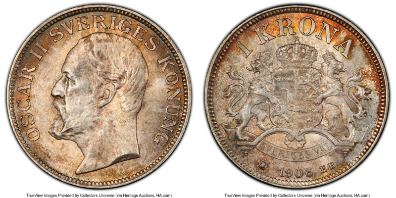 Oscar II Krona 1906-EB MS67 PCGS, Stockholm mint, KM772. Lovely russet-orange to...