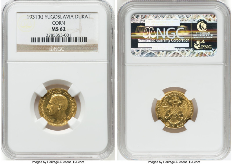 Alexander I gold "Corn Countermarked" Dukat 1931-(k) MS62 NGC, Belgrade mint, KM...