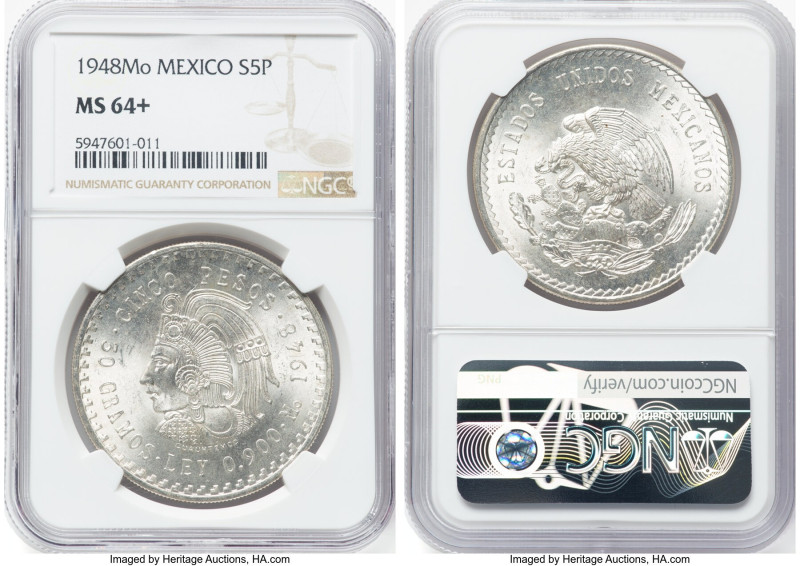 Pair of Certified Assorted silver Crowns NGC, 1) Mexico: Estados Unidos 5 Pesos ...