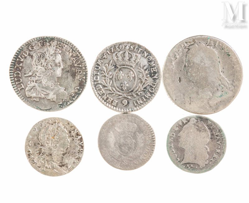 France - Divers

Lot de six monnaies comprenant : 
-1/6e d'Ecu de France 1721...