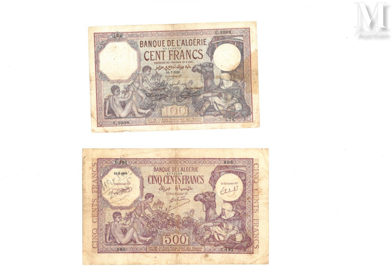 Billets - Algérie 

Lot de deux billets comprenant :
-Un 100 francs Violet Ba...