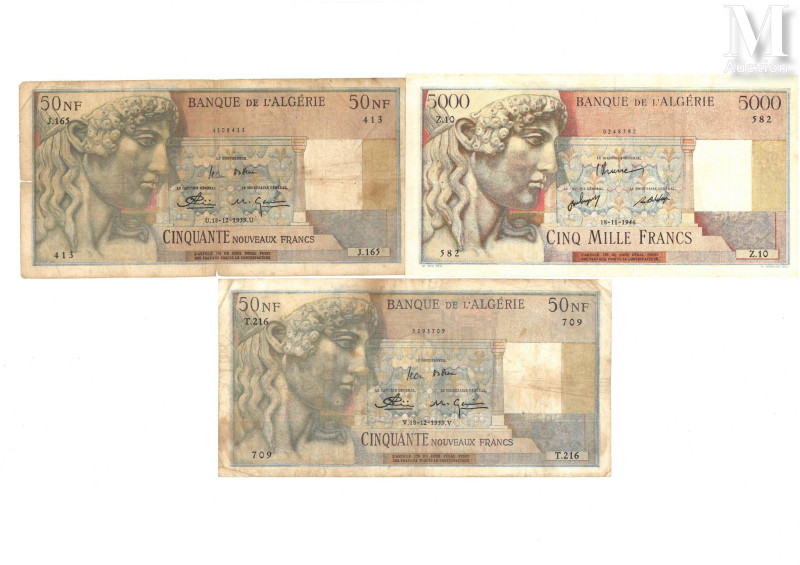 Billets - Algérie 

Lot de trois billets de 5000 Francs de la Banque de l'Algé...