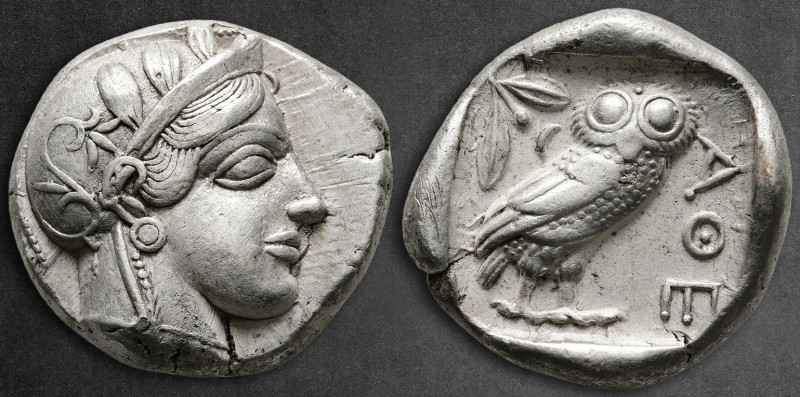 Attica. Athens circa 454-404 BC. 
Tetradrachm AR

25 mm, 17,11 g

Helmeted ...