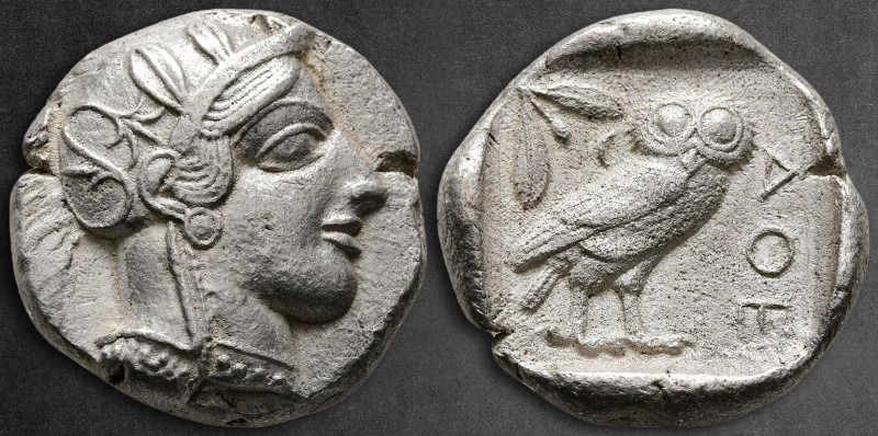 Attica. Athens circa 454-404 BC. 
Tetradrachm AR

26 mm, 16,59 g

Helmeted ...
