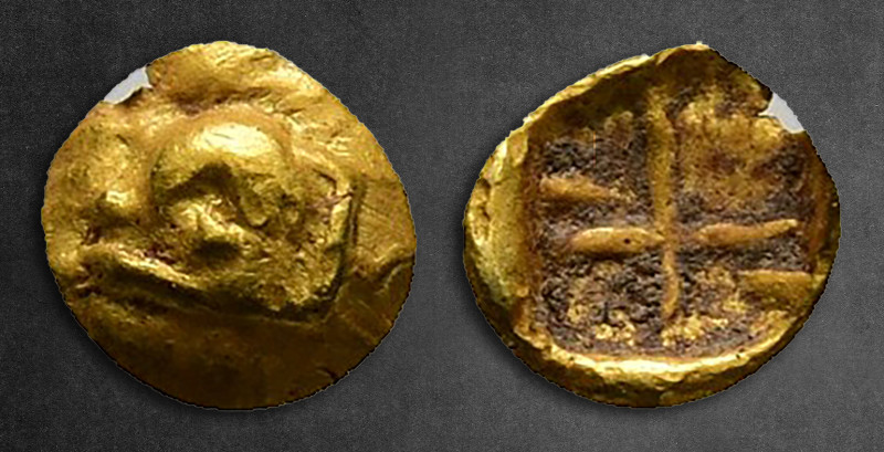 Ionia. Phokaia circa 625-522 BC. 
1/96 Stater EL

5 mm, 0,13 g

Head of sea...
