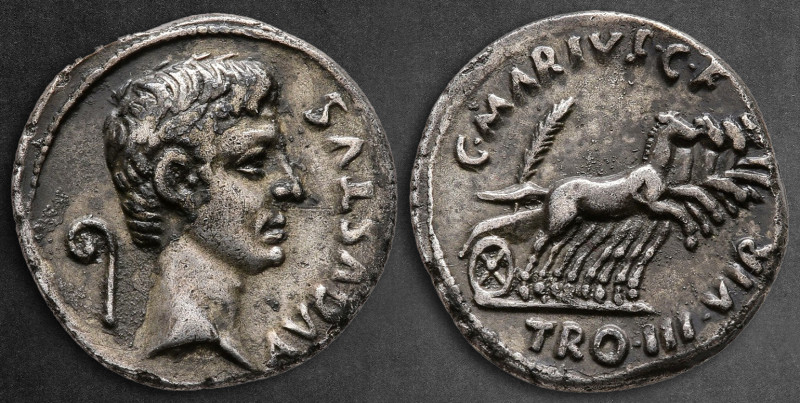 Augustus 27 BC-AD 14. C. Marius C.f. Tro(mentina tribu), moneyer. Rome
Denarius...