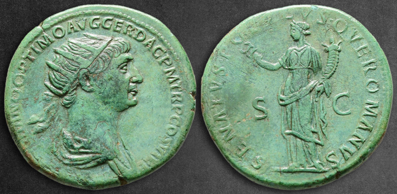 Trajan AD 98-117. Rome
Dupondius Æ

27 mm, 12,91 g

[IMP CAES TRAIANO] OPTI...