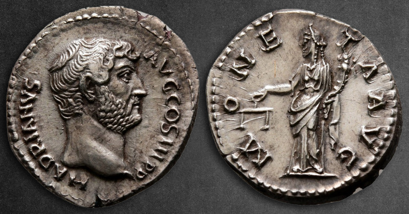 Hadrian AD 117-138. Rome
Denarius AR

18 mm, 3,36 g

HADRIANVS AVG COS III ...