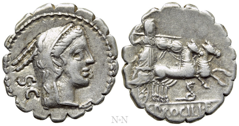 L. PROCILIUS. Serrate Denarius (80 BC). Rome. 

Obv: Head of Juno Sospita righ...