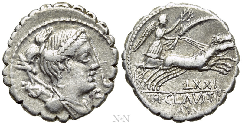 TI. CLAUDIUS NERO. Serrate Denarius (79 BC). Rome. 

Obv: S C. 
Draped bust o...