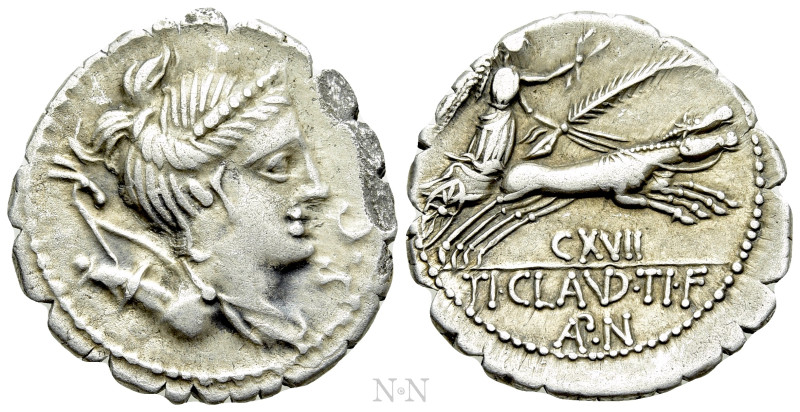 TI. CLAUDIUS NERO. Serrate Denarius (79 BC). Rome. 

Obv: S C. 
Draped bust o...