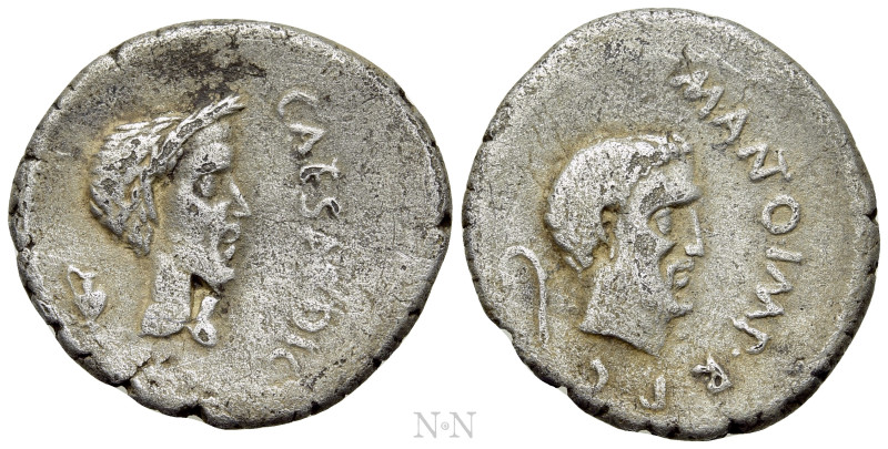 MARK ANTONY, with JULIUS CAESAR. Denarius (43 BC). Military mint traveling with ...