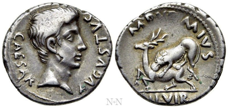 AUGUSTUS (27 BC-14 AD). Denarius. Rome. M. Durmius, moneyer. 

Obv: CAESAR AVG...