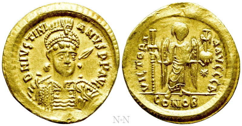 JUSTINIAN I (527-565). GOLD Solidus. Constantinople. 

Obv: D N IVSTINIANVS P ...