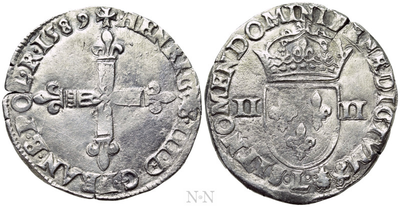 FRANCE. Henry III (1574-1589). 1/4 Ecu (1589-L). Bayonne. 

Obv: HENRICVS III ...