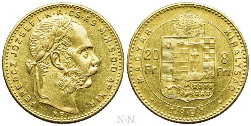 HUNGARY. Franz Joseph I (1848-1916). GOLD 8 Forint 20 Francs (1891-KB). Kremnitz...