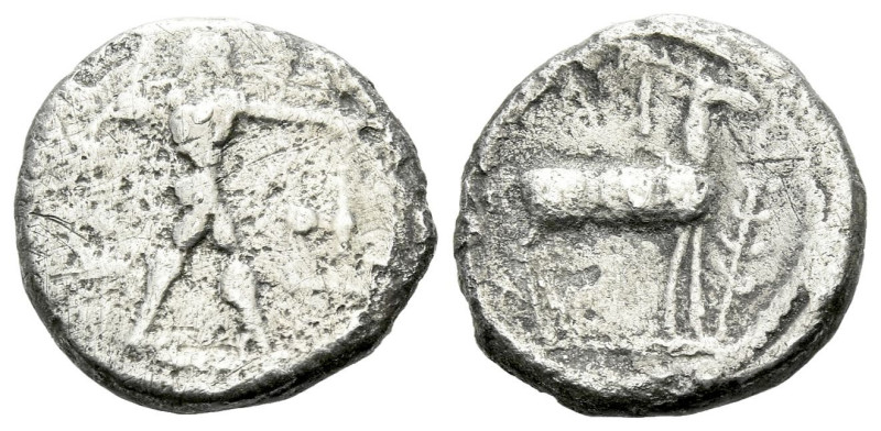 Bruttium, Caulonia Drachm circa 475-425, AR 14.00 mm., 2.33 g.
Apollo advancing...