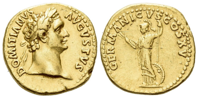 Domitian, 81-96 Aureus Rome 90-91, AV 20.00 mm., 7.52 g.
Laureate head r. Rev. ...