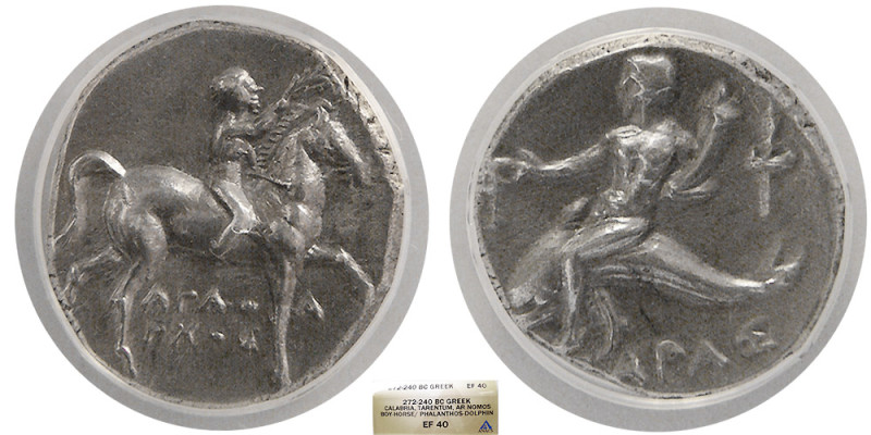 CALABRIA, Tarentum. ca. 272-240 BC. AR Nomos. ANACS-EF 40. Obverse: Youth riding...