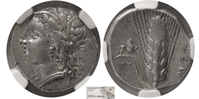 LUCANIA; Metapontum. Circa 330-290 BC. AR Stater. NGC-XF. Obv. Wreathed head of ...