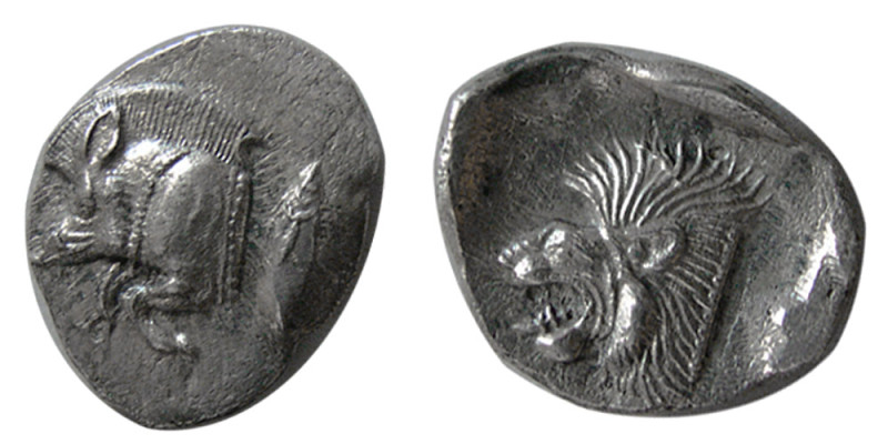 MYSIA. Kyzikos. Circa 4th Century BC. AR Obol (0.82 gm; 12 mm). Forepart of Bore...