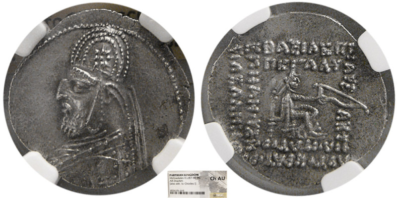 KINGS of PARTHIA, Mithradates III, 87-80 BC. AR Drachm. NGC-Choice AU. Rhagai mi...