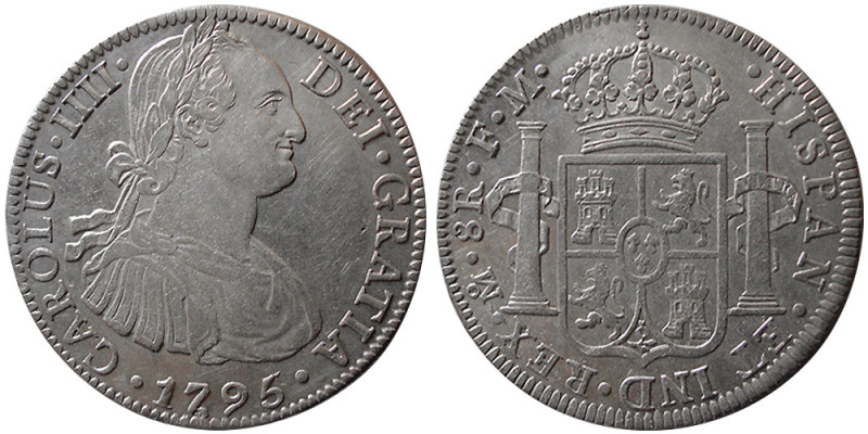 MEXICO, Carolus IIII. 1795-Mo.FM. AR 8 Reales (26.75 gm; 39 mm). Choice AU. Ligh...