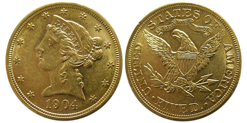 UNITED STATES. 1904. Gold Five Dollar (8.31 gm; 21 mm). Liberty type. Minor ding...