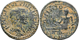 PISIDIA. Antiochia. Philip I (244-249 AD).
AE Bronze (25.2mm 10.5g)
Obv: Radiate, draped, and cuirassed bust right, seen from behind
Rev: River-god...