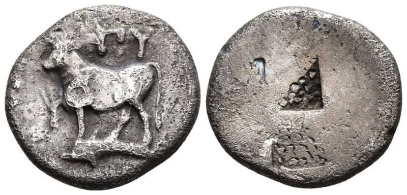 THRACE. Byzantion (Circa 340-320 BC)
AR 1/10 Stater (10.7mm 1.09g)
Obv: ΠY. Bu...