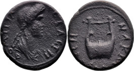 LYDIA. Nacrasa. Domitia, Augusta (82-96 AD)
AE Bronze (15.6mm 2.82g)
Obv: ΔΟΜΙΤΙΑ ϹЄΒΑϹΤΗ. Draped bust right.
Rev: ΝΑΚΡΑϹЄΙΤΩΝ. Lyre.
RPC II 935
...
