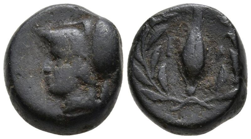 AEOLIS. Elaia. (Circa 340-300 BC).
AE Brozne (9.8mm 1.53g)
Obv: Helmeted head ...