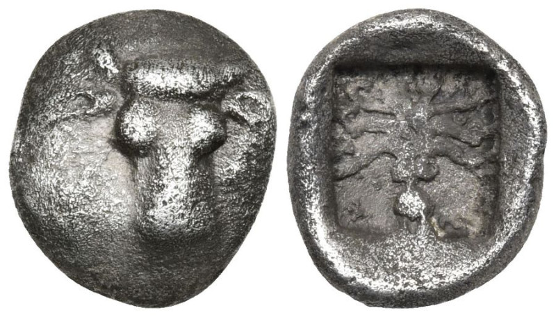 EUBOEA. Eretria. (circa 500-465 BC).
AR Obol (8.2mm 0.6g)
Obv: Bull's head fac...