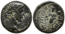 PHRYGIA. Eucarpia. Tiberius (14-37 AD). Valerios Zmertorix, magistrate.
AE Bronze (17.3mm 5.14g)
Obv: ΣΕΒΑΣΤΟΣ. Bare head right; to right, lituus
R...