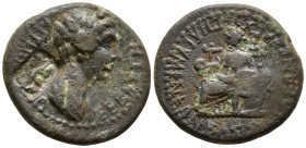 PHRYGIA. Eumenea. Agrippina II, Augusta (50-59 AD). Bassa Kleonos, archierea.
AE Bronze (16.8mm 2.92g)
Obv: Draped bust of Agrippina II right
Rev: ...