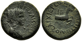 LYDIA. Hierocaesaraea. Time of Nero (54-68 AD).
AE Bronze (15.7mm 3.5g)
Obv: ΙEΡΟΚΑΙCΑΡEΩΝ Draped bust of Artemis Persica to right, with bow and qui...