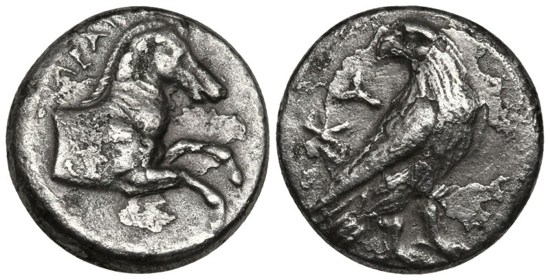 AEOLIS. Kyme. (Circa 350-250 BC)
AR Hemidrachm (12.7mm 1.6g)
Obv: KY. Eagle st...