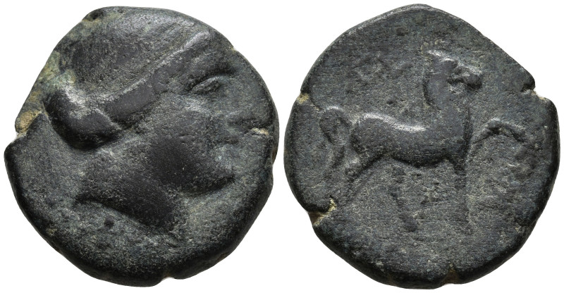 AEOLIS. Kyme. (Circa 250-200 BC)
AE Bronze (21mm 7.3g)
Obv: Head of the Amazon...