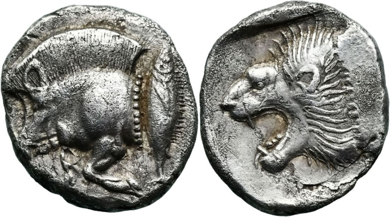 MYSIA. Kyzikos. (Circa 450-400 BC).
AR Diobol (10.8mm 1.18g)
Obv: Forepart of ...