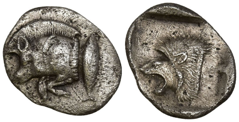 MYSIA. Kyzikos. (Circa 450-400 BC).
AR Obol (10.9mm 0.8g)
Obv: Forepart of boa...