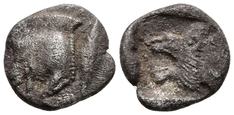 MYSIA. Kyzikos. (Circa 450-400 BC)
AR Obol (8.4mm 0.52g)
Obv: Forepart of boar...